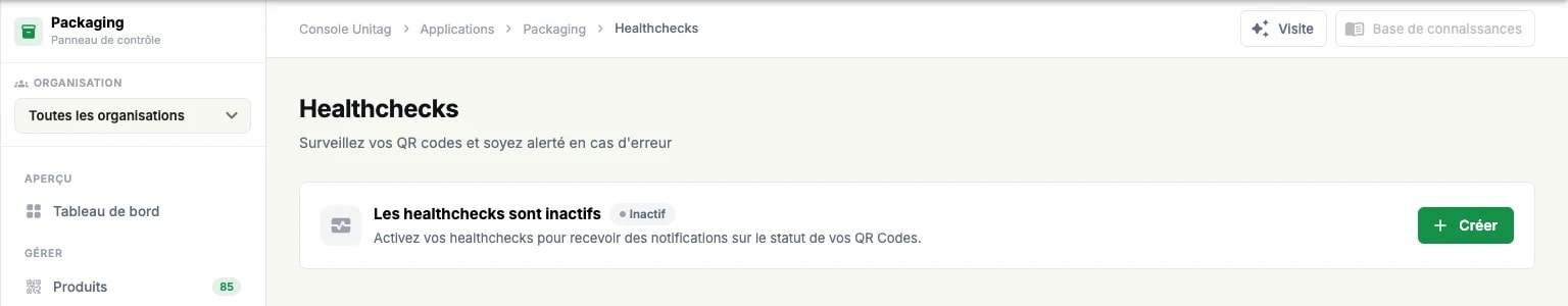 L'écran Healthchecks montrant des healthchecks inactifs, avec le bouton pour en créer un L'écran Healthchecks montrant des healthchecks inactifs, avec le bouton pour en créer un