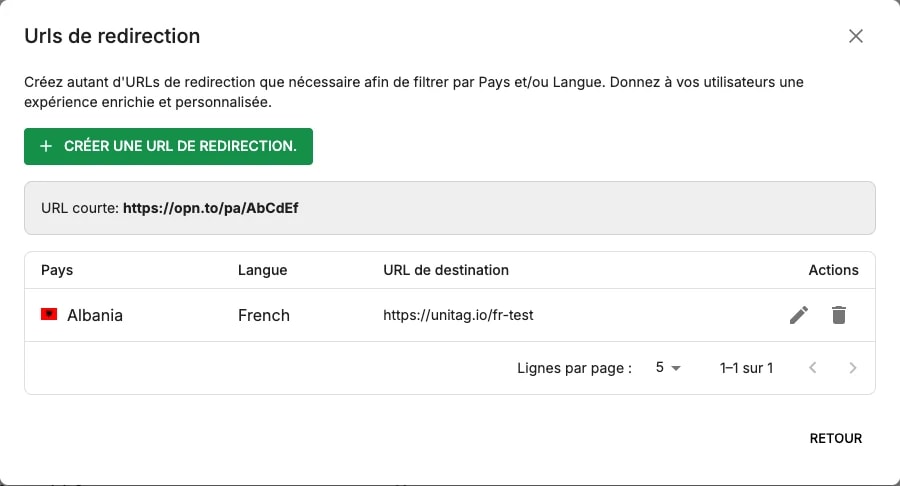 Le panneau des URLs de redirection d'un produit : l'URL courte et un tableau de règles portant chacune un pays, une langue et une URL de destination Le panneau des URLs de redirection d'un produit : l'URL courte et un tableau de règles portant chacune un pays, une langue et une URL de destination
