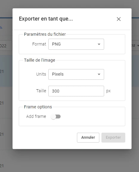 La fenêtre Exporter en tant que, avec les champs de format et de taille et l'option de cadre désactivée La fenêtre Exporter en tant que, avec les champs de format et de taille et l'option de cadre désactivée