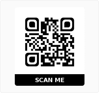 Un QR code au-dessus d'une bannière noire pleine indiquant SCAN ME Un QR code au-dessus d'une bannière noire pleine indiquant SCAN ME