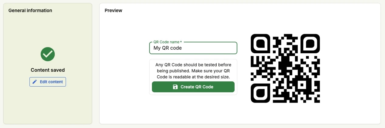 The Content saved step: the QR code is given a name and published with Create QR Code, the live preview alongside The Content saved step: the QR code is given a name and published with Create QR Code, the live preview alongside