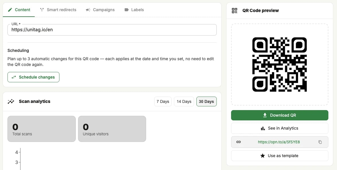 A published QR code: the Content tab with its URL and scheduling, scan statistics below, and Download QR, See in Analytics and the short URL on the right A published QR code: the Content tab with its URL and scheduling, scan statistics below, and Download QR, See in Analytics and the short URL on the right