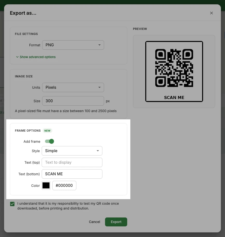 The Export as dialog with Add frame switched on, showing the style, top and bottom text and colour fields, next to a preview of the framed code The Export as dialog with Add frame switched on, showing the style, top and bottom text and colour fields, next to a preview of the framed code