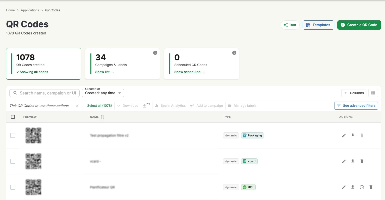 The QR Codes dashboard: counters for codes created, campaigns and scheduled codes, a search field, and the list of QR codes with a preview, a name and a type for each The QR Codes dashboard: counters for codes created, campaigns and scheduled codes, a search field, and the list of QR codes with a preview, a name and a type for each