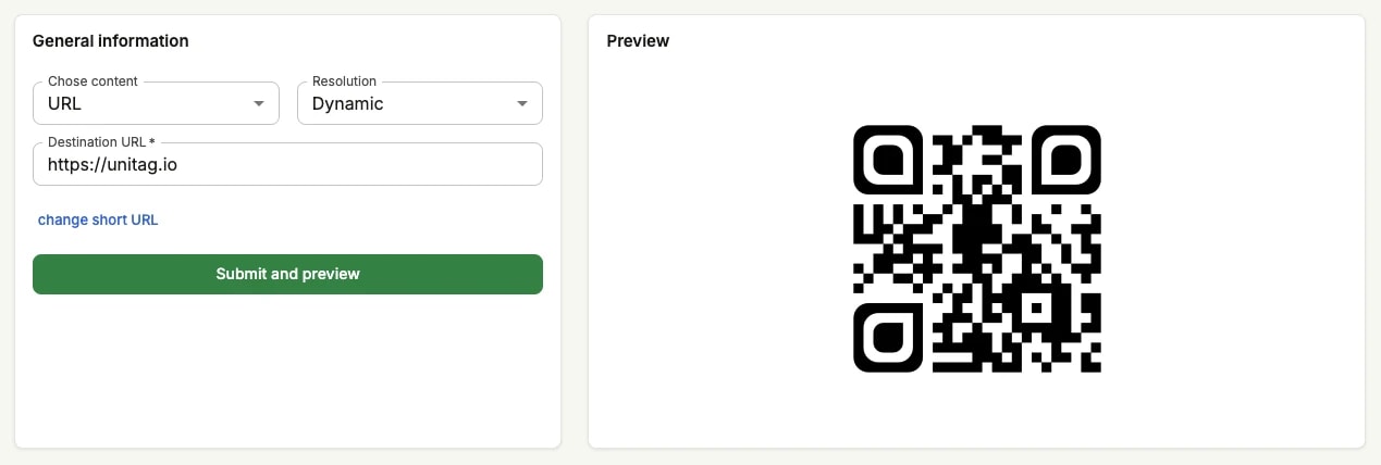 The creation form with a destination URL filled in, the change short URL link beneath it, and the Submit and preview button The creation form with a destination URL filled in, the change short URL link beneath it, and the Submit and preview button