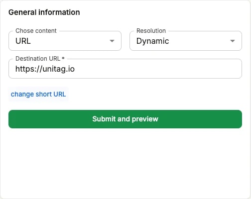 The creation form before the short URL is customised: the destination field, with a change short URL link beneath it The creation form before the short URL is customised: the destination field, with a change short URL link beneath it