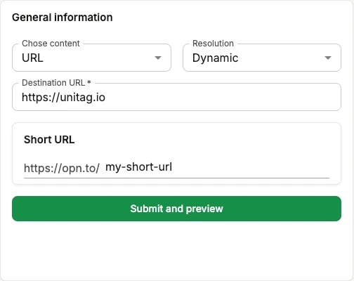 The same form after clicking the link: a Short URL panel showing the https://opn.to/ prefix with an editable suffix beside it The same form after clicking the link: a Short URL panel showing the https://opn.to/ prefix with an editable suffix beside it