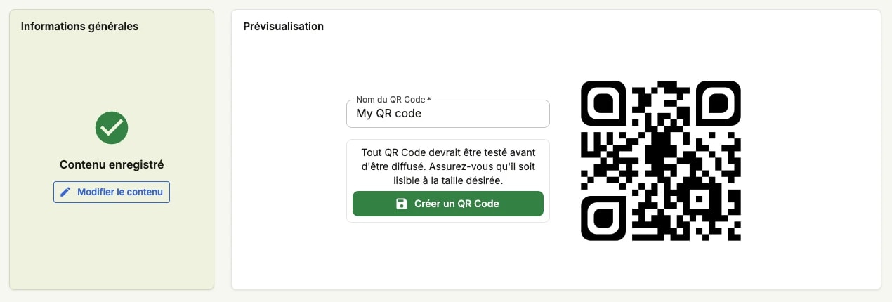 L'étape Contenu enregistré : le QR code est nommé puis publié avec Créer un QR Code, l'aperçu en direct à côté L'étape Contenu enregistré : le QR code est nommé puis publié avec Créer un QR Code, l'aperçu en direct à côté