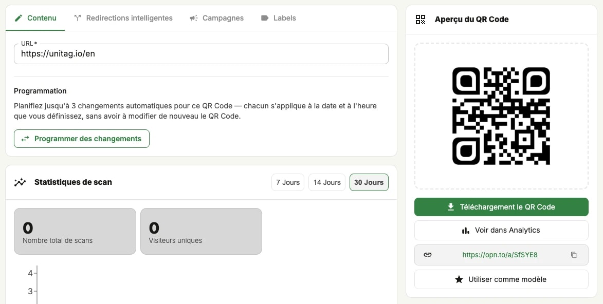 Un QR code publié : l'onglet Contenu avec son URL et sa programmation, les statistiques de scan en dessous, et Télécharger le QR Code, Voir dans Analytics et l'URL courte à droite Un QR code publié : l'onglet Contenu avec son URL et sa programmation, les statistiques de scan en dessous, et Télécharger le QR Code, Voir dans Analytics et l'URL courte à droite