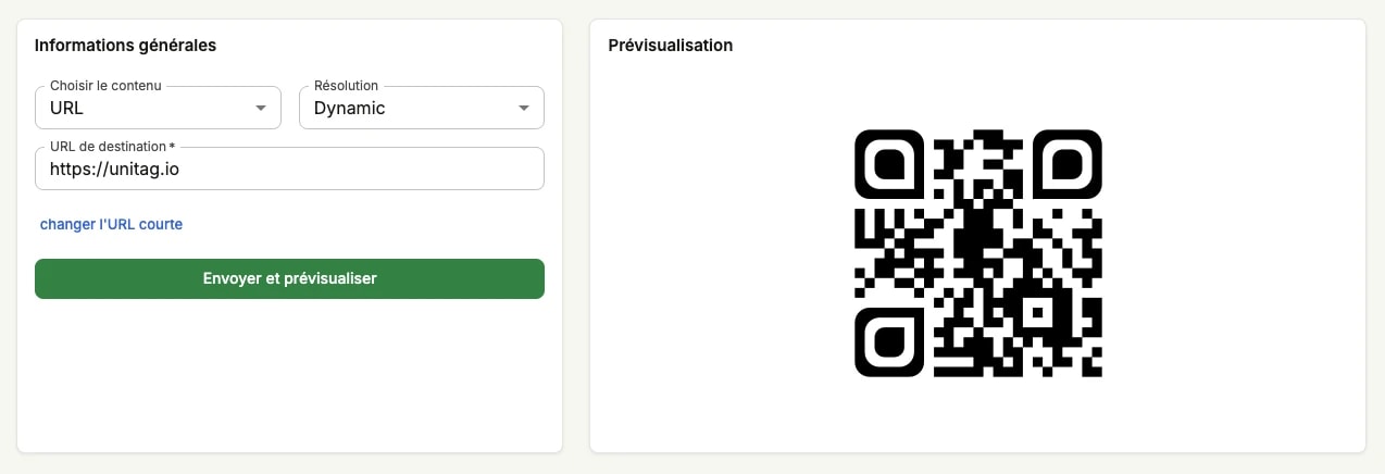 Le formulaire de création avec une URL de destination saisie, le lien changer l'URL courte en dessous, et le bouton Envoyer et prévisualiser Le formulaire de création avec une URL de destination saisie, le lien changer l'URL courte en dessous, et le bouton Envoyer et prévisualiser