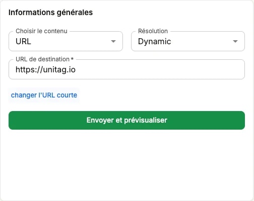 Le formulaire de création avant personnalisation de l'URL courte : le champ de destination, avec un lien changer l'URL courte en dessous Le formulaire de création avant personnalisation de l'URL courte : le champ de destination, avec un lien changer l'URL courte en dessous