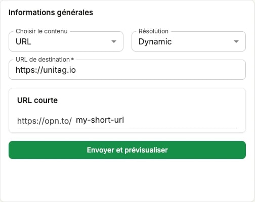 Le même formulaire après clic sur le lien : un panneau URL courte affichant le préfixe https://opn.to/ suivi d'un suffixe modifiable Le même formulaire après clic sur le lien : un panneau URL courte affichant le préfixe https://opn.to/ suivi d'un suffixe modifiable