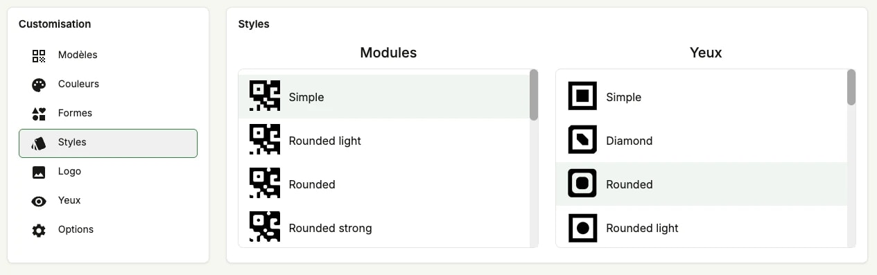 Le panneau Customisation sur l'onglet Styles, choisissant une forme pour les modules et une autre pour les yeux Le panneau Customisation sur l'onglet Styles, choisissant une forme pour les modules et une autre pour les yeux