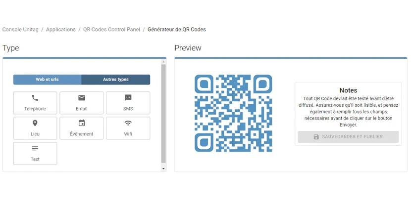 Le générateur de QR codes : le panneau Type listant les actions disponibles, à côté d'un aperçu en direct du code Le générateur de QR codes : le panneau Type listant les actions disponibles, à côté d'un aperçu en direct du code