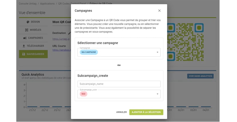La fenêtre Campagnes d'un QR code, sélectionnant une campagne existante ou créant une sous-campagne La fenêtre Campagnes d'un QR code, sélectionnant une campagne existante ou créant une sous-campagne