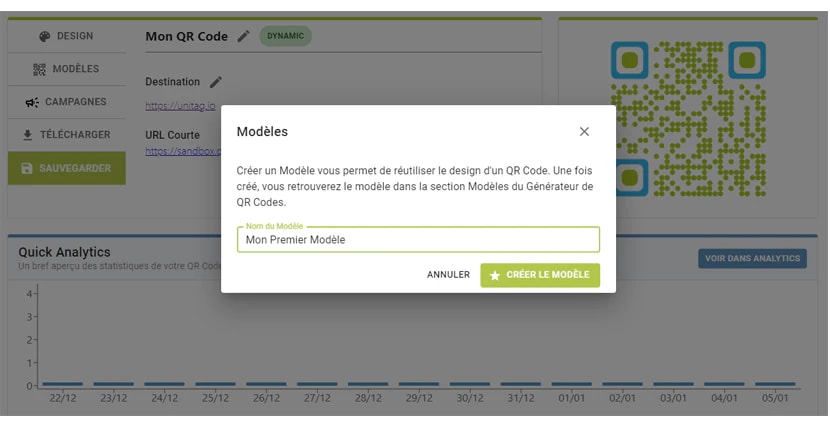 La fenêtre Modèles, nommant un nouveau modèle construit à partir du design du QR code en cours La fenêtre Modèles, nommant un nouveau modèle construit à partir du design du QR code en cours
