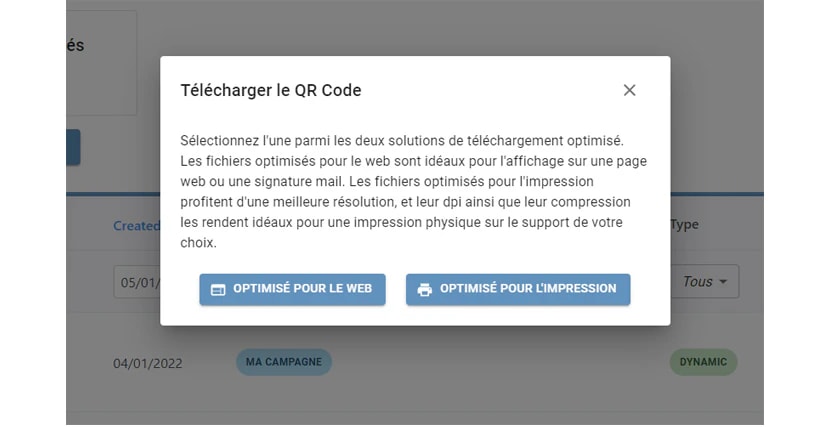 La fenêtre de téléchargement, proposant un fichier optimisé pour le web ou pour l'impression La fenêtre de téléchargement, proposant un fichier optimisé pour le web ou pour l'impression