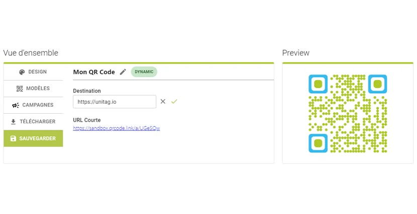 La vue d'ensemble d'un QR code avec son URL de destination en mode édition, l'aperçu à côté La vue d'ensemble d'un QR code avec son URL de destination en mode édition, l'aperçu à côté