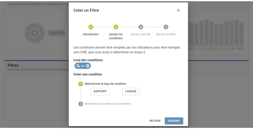 L'assistant de redirection intelligente à l'étape des conditions, au choix entre une condition d'appareil et une condition de langue L'assistant de redirection intelligente à l'étape des conditions, au choix entre une condition d'appareil et une condition de langue