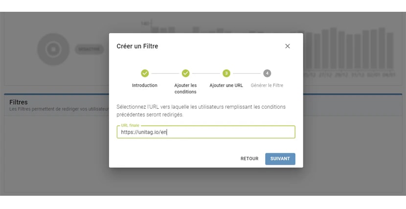 L'assistant de redirection intelligente à l'étape URL, définissant la destination vers laquelle la condition redirige L'assistant de redirection intelligente à l'étape URL, définissant la destination vers laquelle la condition redirige