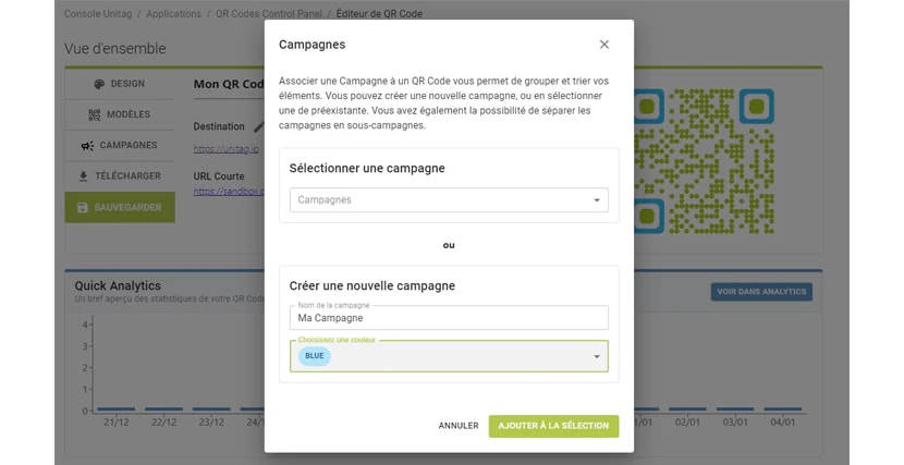La fenêtre Campagnes créant une nouvelle campagne directement depuis un QR code La fenêtre Campagnes créant une nouvelle campagne directement depuis un QR code