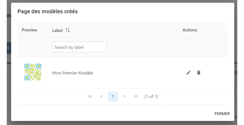 La page des modèles créés, listant chaque modèle avec un aperçu et des actions de modification et de suppression La page des modèles créés, listant chaque modèle avec un aperçu et des actions de modification et de suppression
