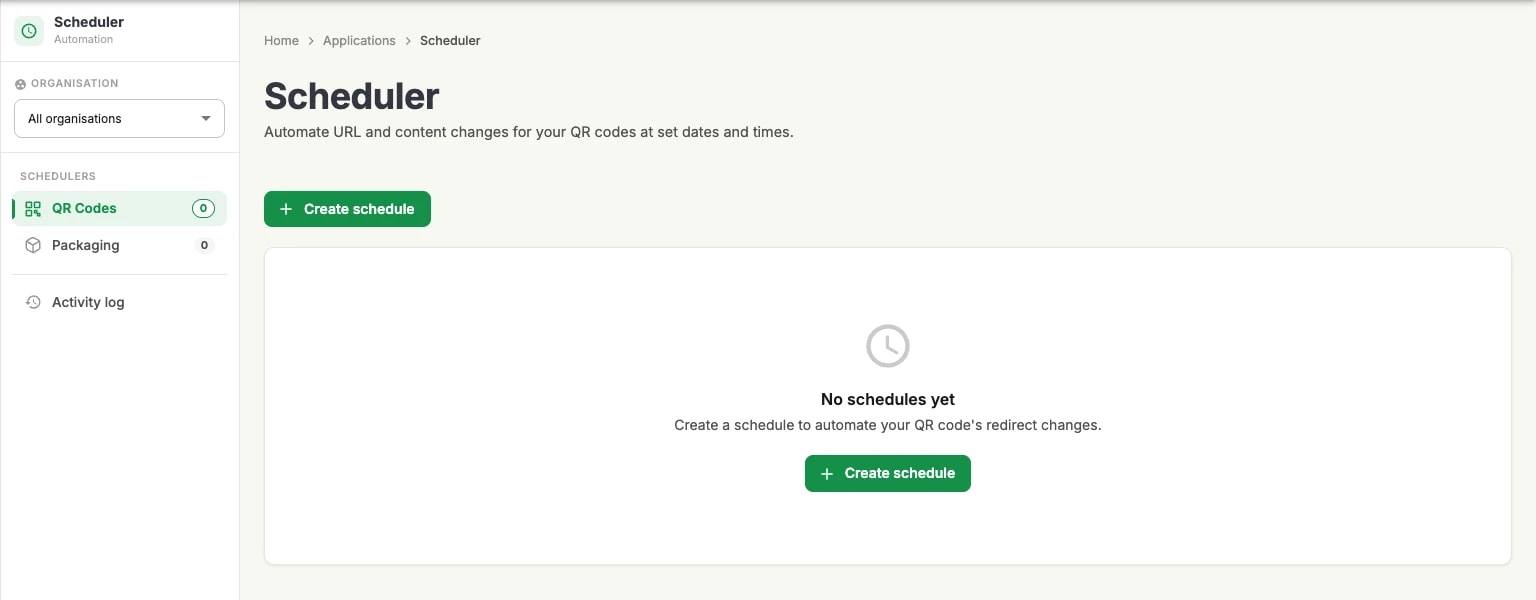 The Scheduler control panel: the QR Codes and Packaging schedulers in the left rail with the activity log below them, and the Create schedule button beside an empty state The Scheduler control panel: the QR Codes and Packaging schedulers in the left rail with the activity log below them, and the Create schedule button beside an empty state