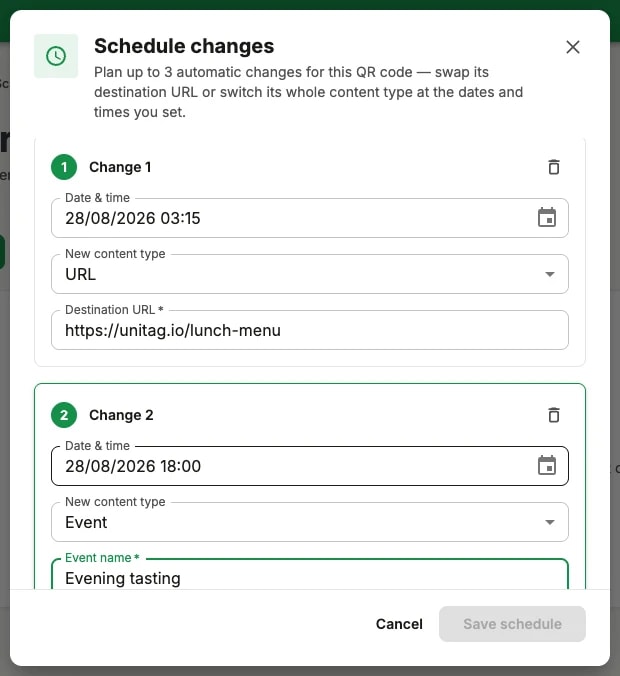 The Schedule changes dialog: two numbered changes, the first switching the destination URL and the second switching the content type to Event The Schedule changes dialog: two numbered changes, the first switching the destination URL and the second switching the content type to Event