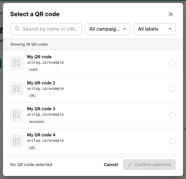 The Select a QR code dialog: a search field with campaign and label filters above a list of QR codes, each showing its name, short URL and content type The Select a QR code dialog: a search field with campaign and label filters above a list of QR codes, each showing its name, short URL and content type
