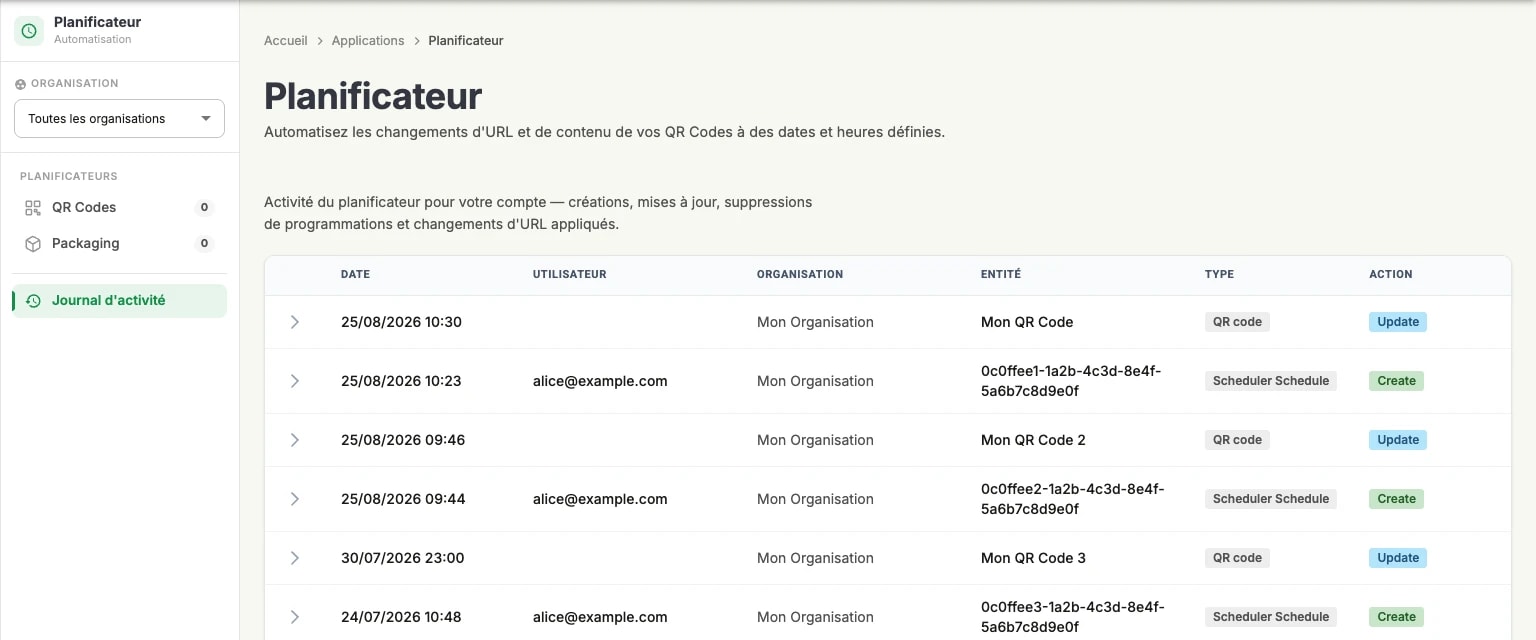 Le journal d'activité du Planificateur : un tableau d'entrées datées portant l'utilisateur, l'organisation, l'entité, le type et l'action de chacune Le journal d'activité du Planificateur : un tableau d'entrées datées portant l'utilisateur, l'organisation, l'entité, le type et l'action de chacune