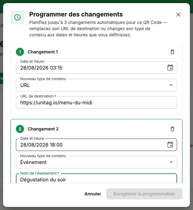 La fenêtre Programmer des changements : deux changements numérotés, le premier remplaçant l'URL de destination et le second basculant le type de contenu vers Événement La fenêtre Programmer des changements : deux changements numérotés, le premier remplaçant l'URL de destination et le second basculant le type de contenu vers Événement