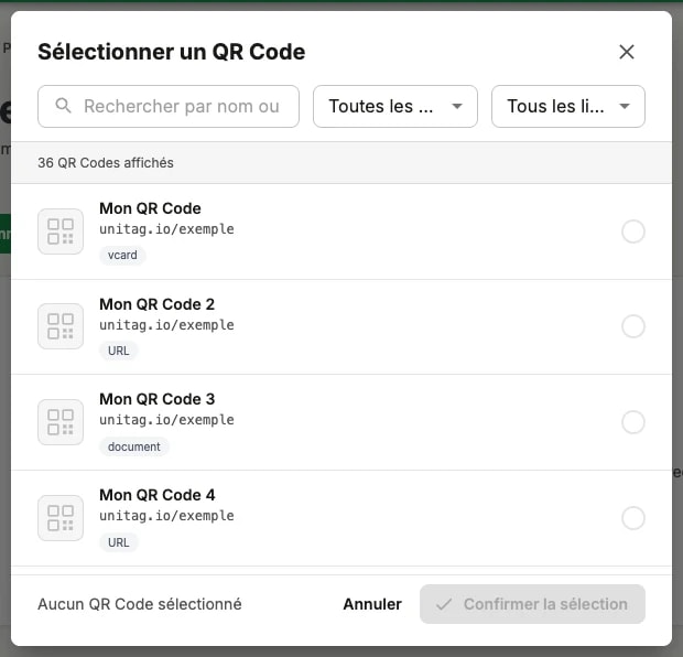 La fenêtre Sélectionner un QR Code : un champ de recherche avec les filtres campagne et libellé au-dessus d'une liste de QR codes affichant leur nom, leur URL courte et leur type de contenu La fenêtre Sélectionner un QR Code : un champ de recherche avec les filtres campagne et libellé au-dessus d'une liste de QR codes affichant leur nom, leur URL courte et leur type de contenu