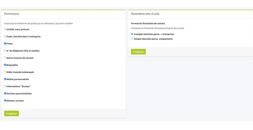 Le panneau des permissions vCard, choisissant les champs de profil modifiables par les utilisateurs, à côté du réglage du format du formulaire de contact Le panneau des permissions vCard, choisissant les champs de profil modifiables par les utilisateurs, à côté du réglage du format du formulaire de contact