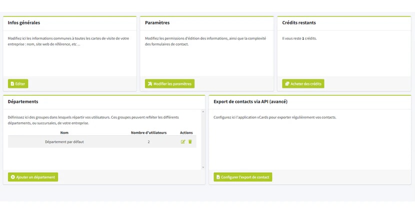 La page d'administration des vCards : infos générales, paramètres, crédits restants, départements et export des contacts La page d'administration des vCards : infos générales, paramètres, crédits restants, départements et export des contacts