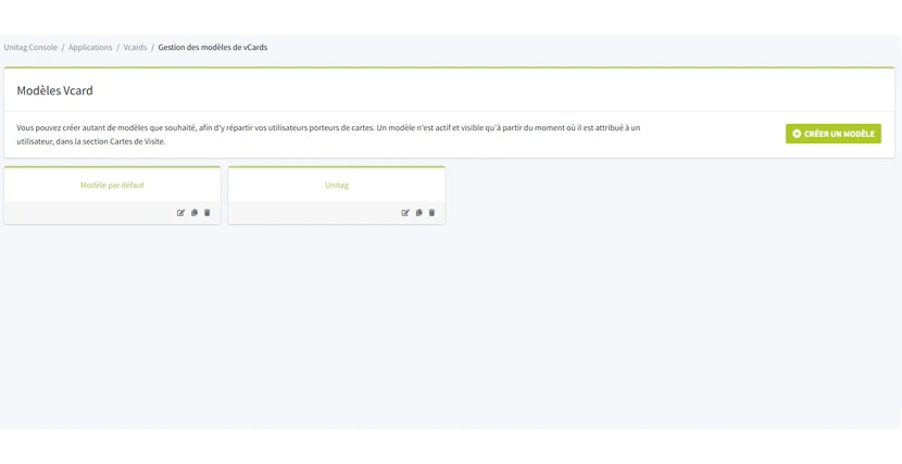 La page des modèles vCard listant les modèles enregistrés La page des modèles vCard listant les modèles enregistrés