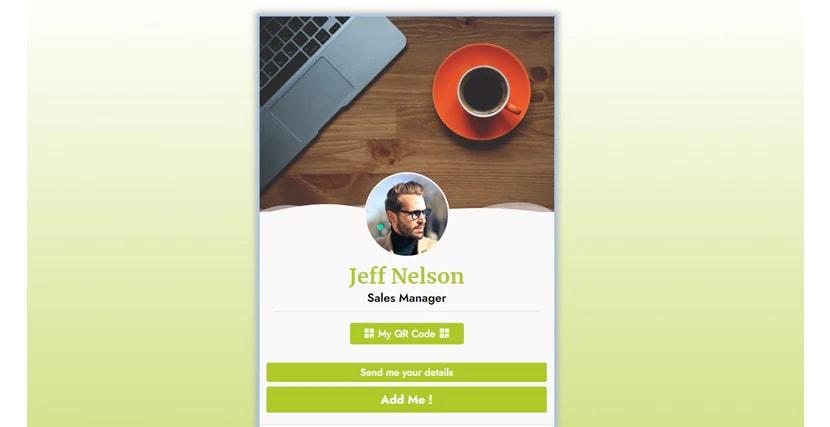 A published vCard showing a cover photo, portrait, name, job title and action buttons A published vCard showing a cover photo, portrait, name, job title and action buttons